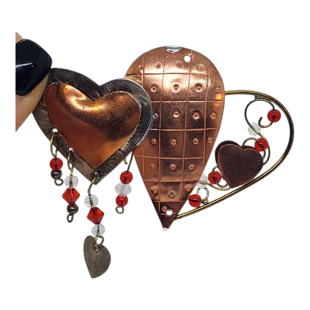 Vintage BIG Multi Puffy Heart Dangle Brooch Pin Red Beads Mixed Metal Handmade - Picture 6 of 6